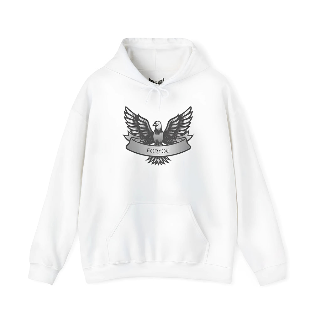 White cotton blend pullover hoodie with hood and long sleeves showing front view