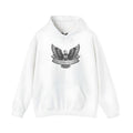 White cotton blend pullover hoodie with hood and long sleeves showing front view