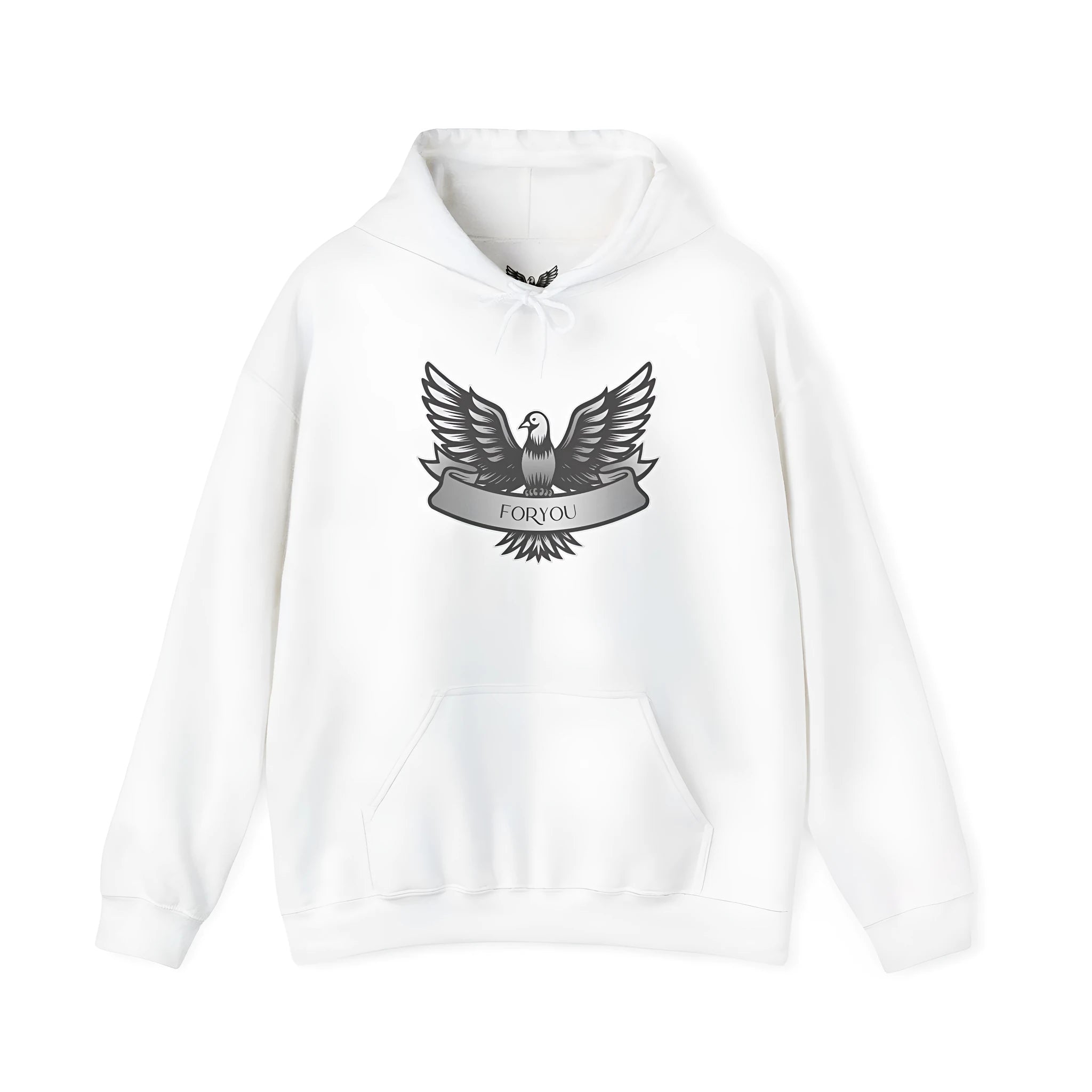 White cotton blend pullover hoodie with hood and long sleeves showing front view