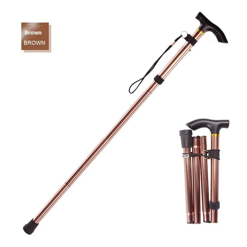 Aluminium folding walking stick with adjustable telescopic shaft and non-slip handle, shown in a selection of colours.