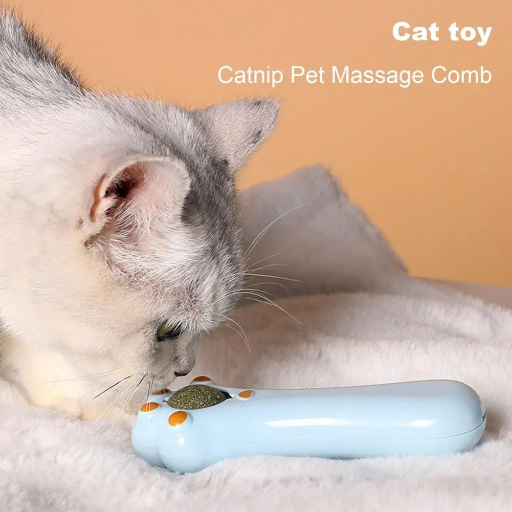 Cartoon-design cat toy massage comb with catnip, shown in various colours.