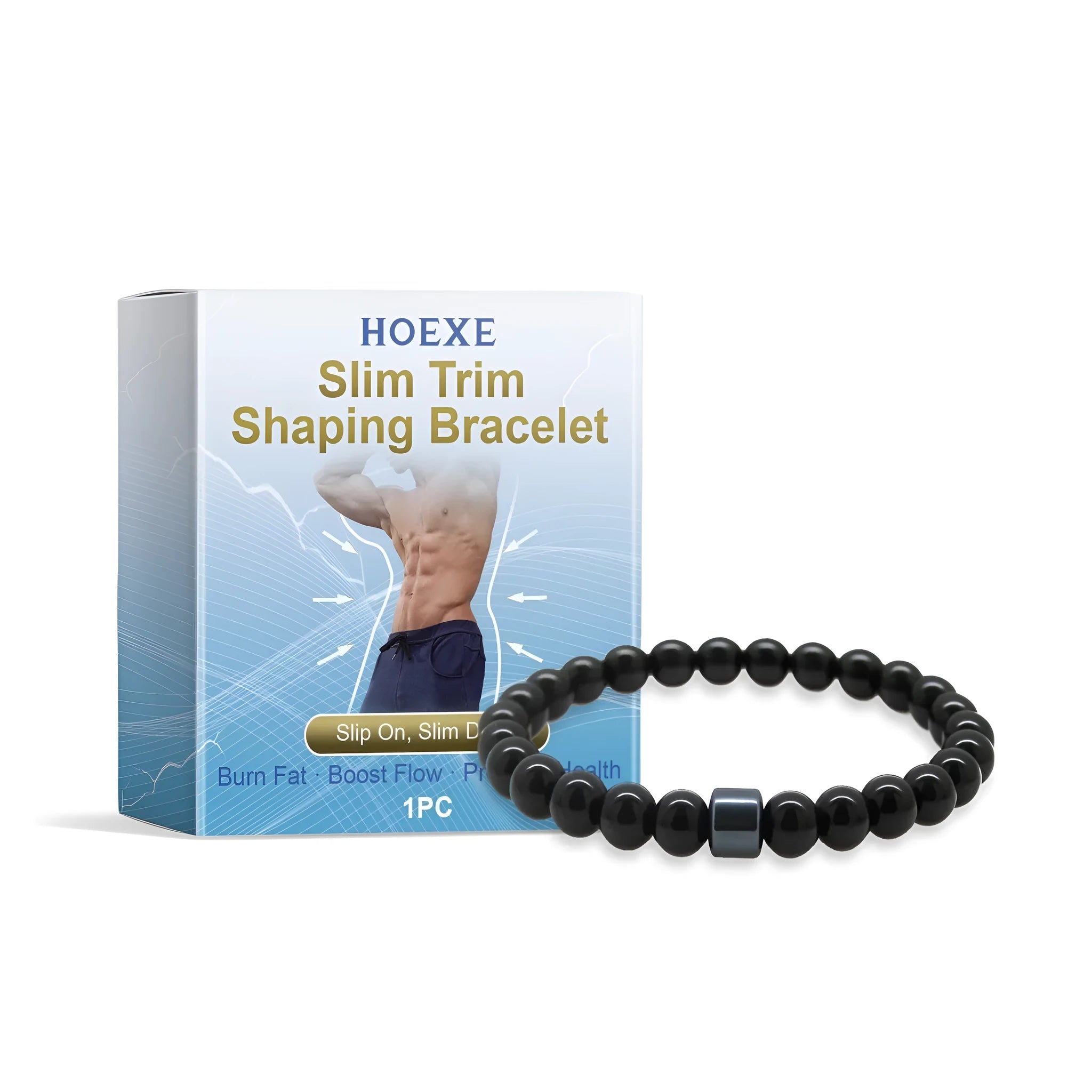 Men's black glass bracelet with a central gallstone on a wrist.