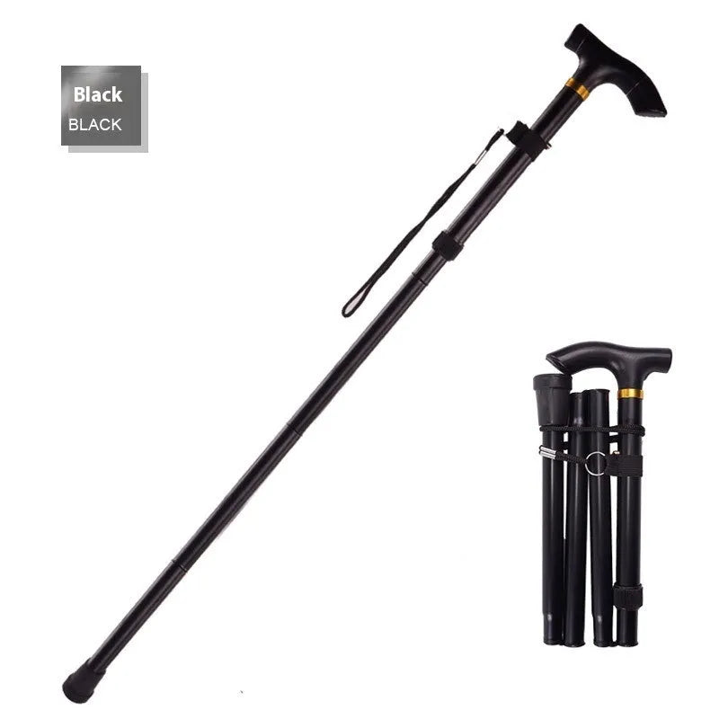 Aluminium folding walking stick with adjustable telescopic shaft and non-slip handle, shown in a selection of colours.