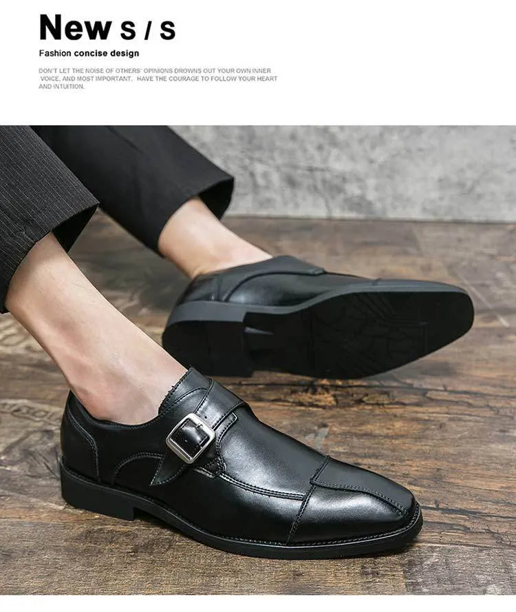 Men's brown blue and black British retro buckle casual leather shoes with tall crown design