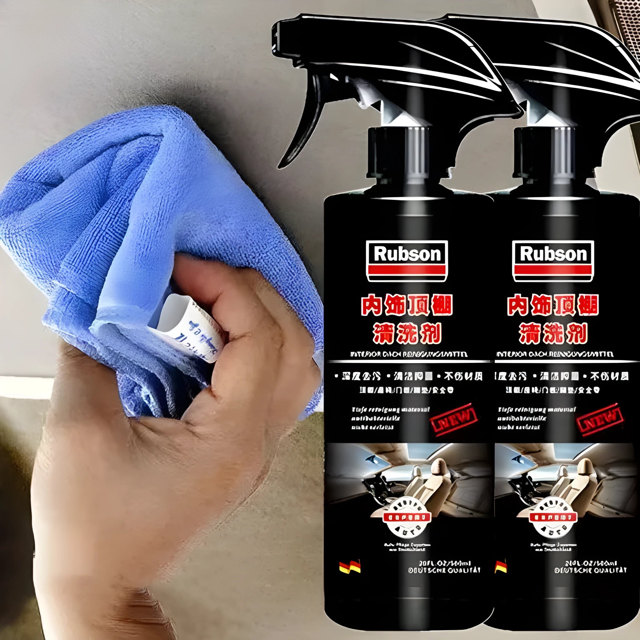Wash-free fabric roof foam cleaner bottles with cleaning towel and sponge wipes for interior ceiling decontamination