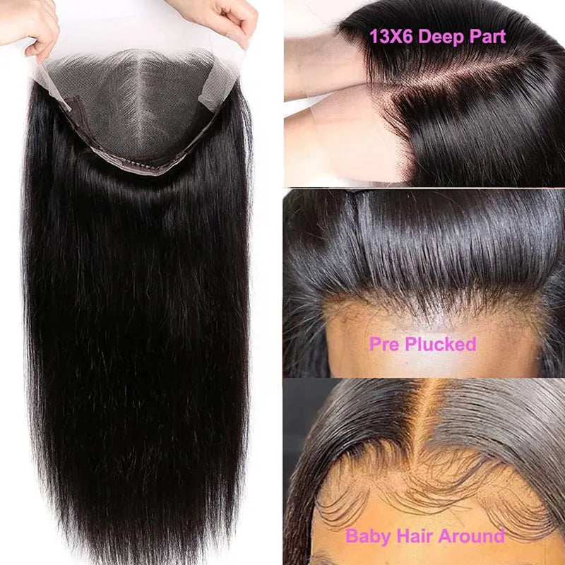 Straight black human hair wig with 13x6 lace front, shown in long length.