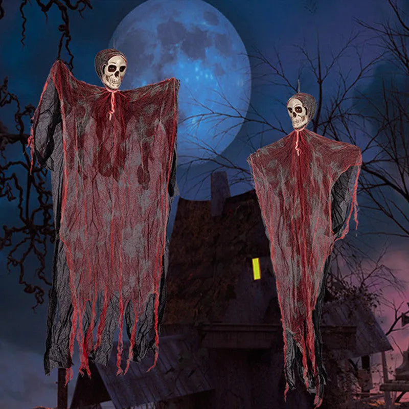 Halloween hanging ghost pendant with dyed blood effect skull decoration on a tree branch