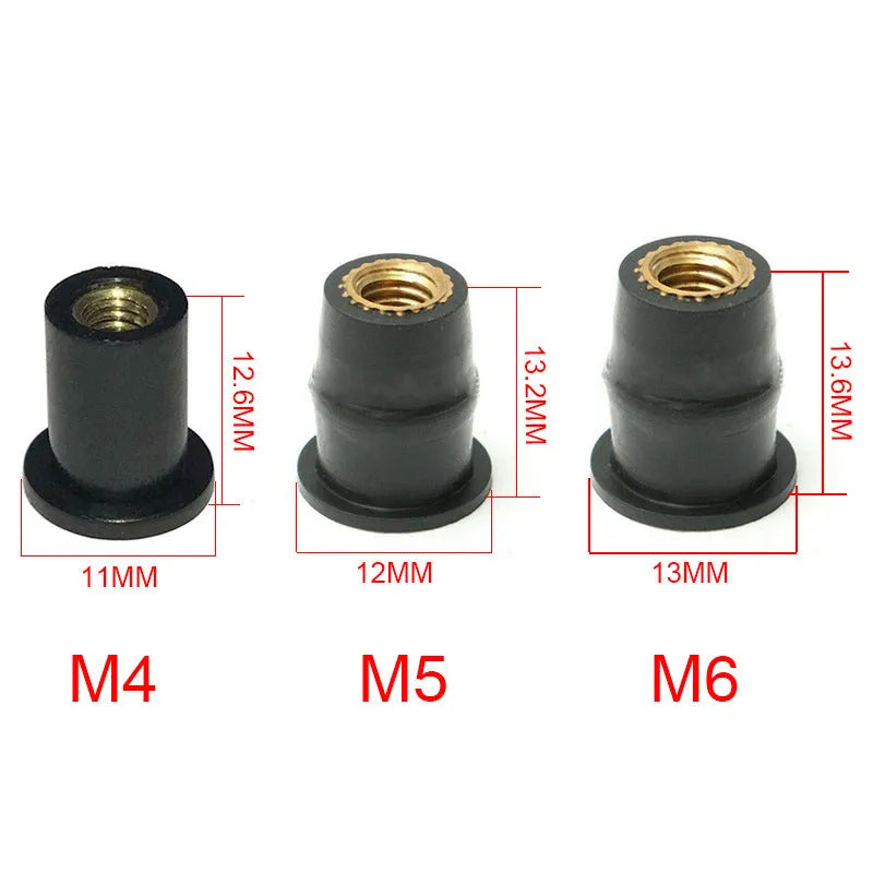 Black brass expansion rubber well nuts for motorcycle panel mounting in M4 M5 M6 sizes