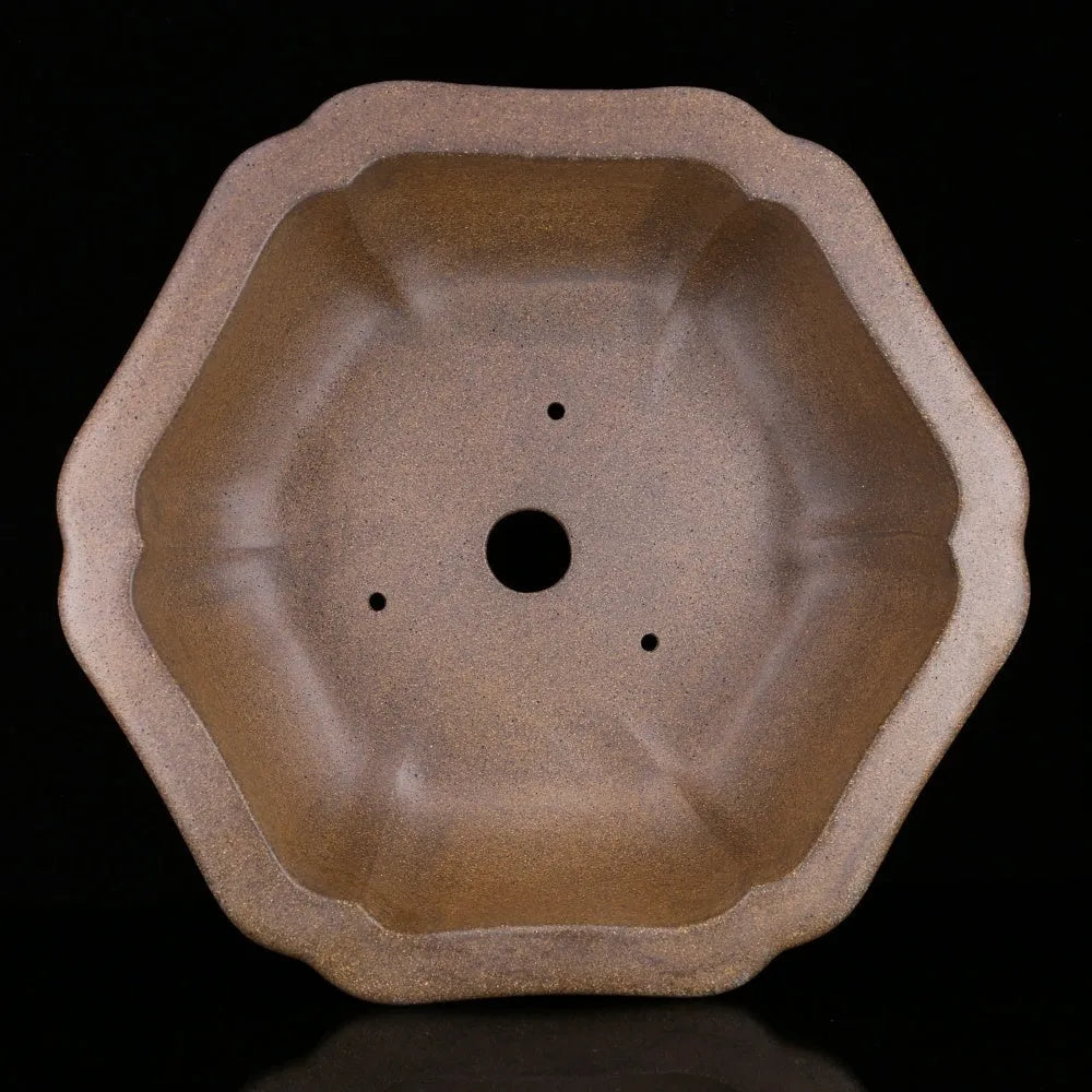 Handmade purple sand bonsai pot showing Large Begonia Basin or Hexagonal Basin style.