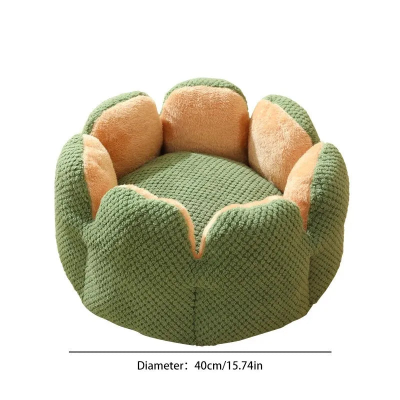Green cactus petal shaped soft plush pet bed with cave-like opening and non-slip bottom, size L for pets up to 7.5kg