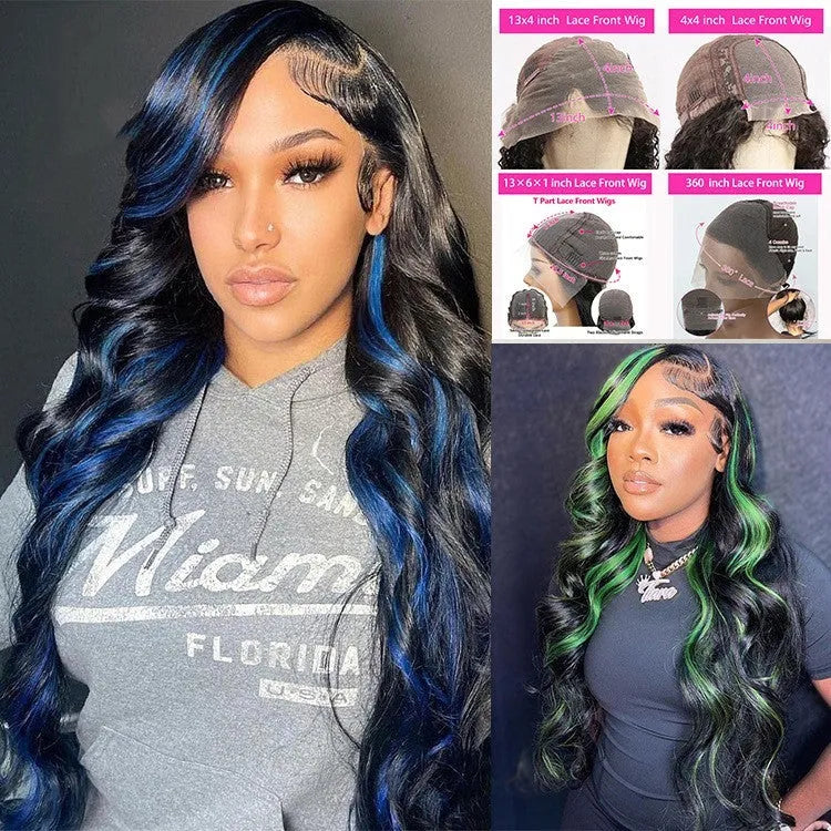 A woman wearing a real human hair lace front headgear with a 4x4 lace construction and long, styled hair.
