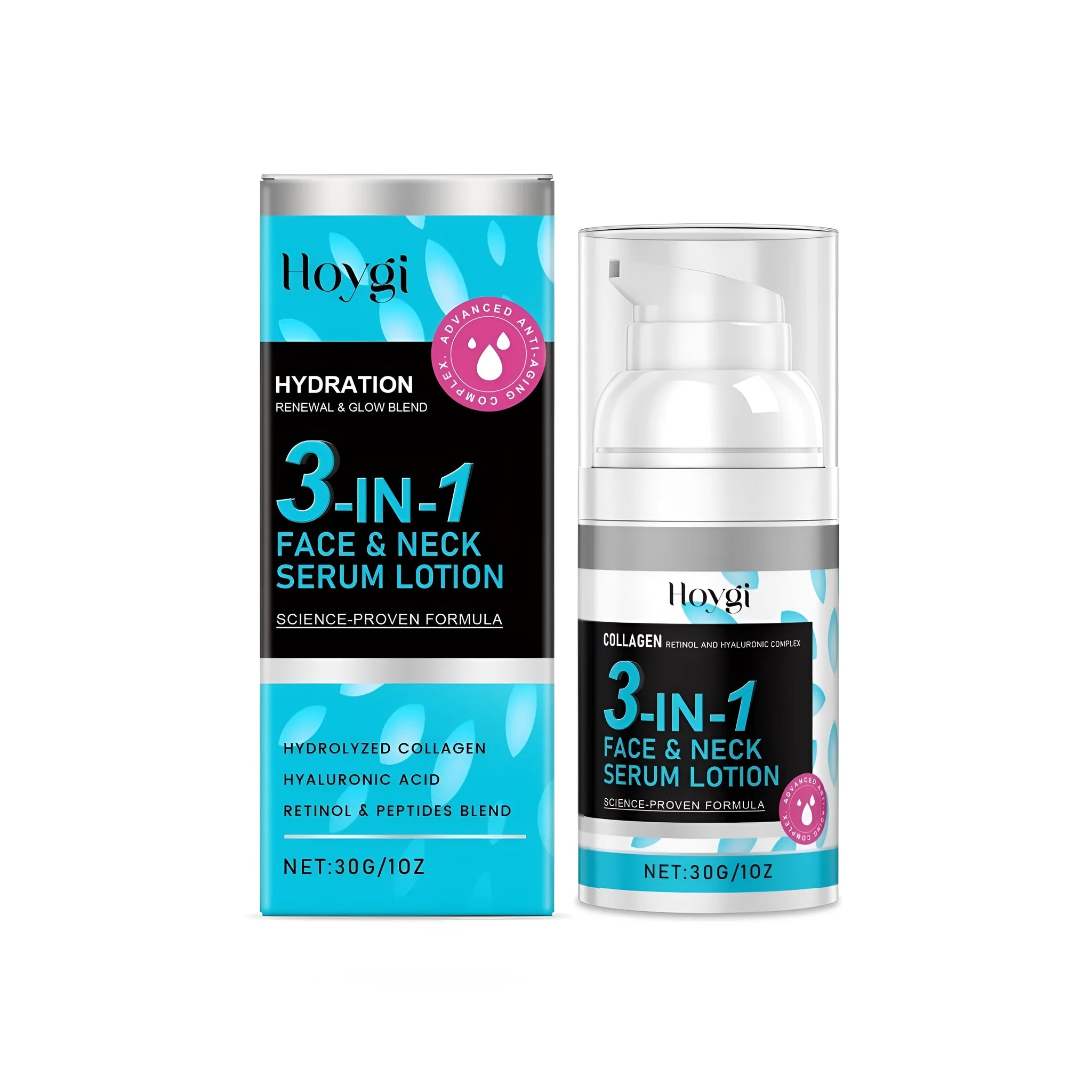 30g tube of 3-in-1 Face Neck Serum Lotion with collagen and retinol.