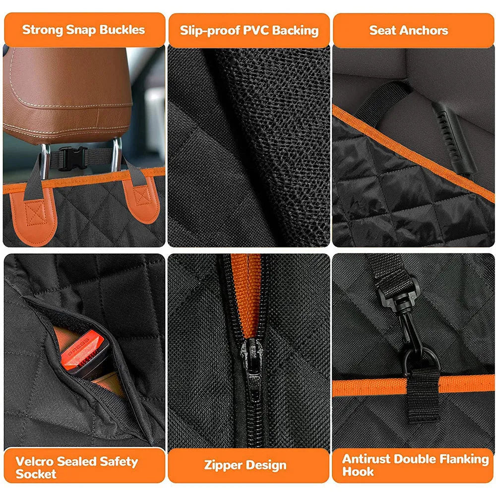 Black pet car seat mat with orange trim, showing mesh window and storage pocket on rear seat.