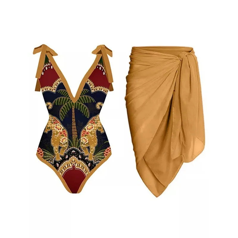 Women's solid colour one-piece swimsuit with spaghetti straps and removable matching skirt