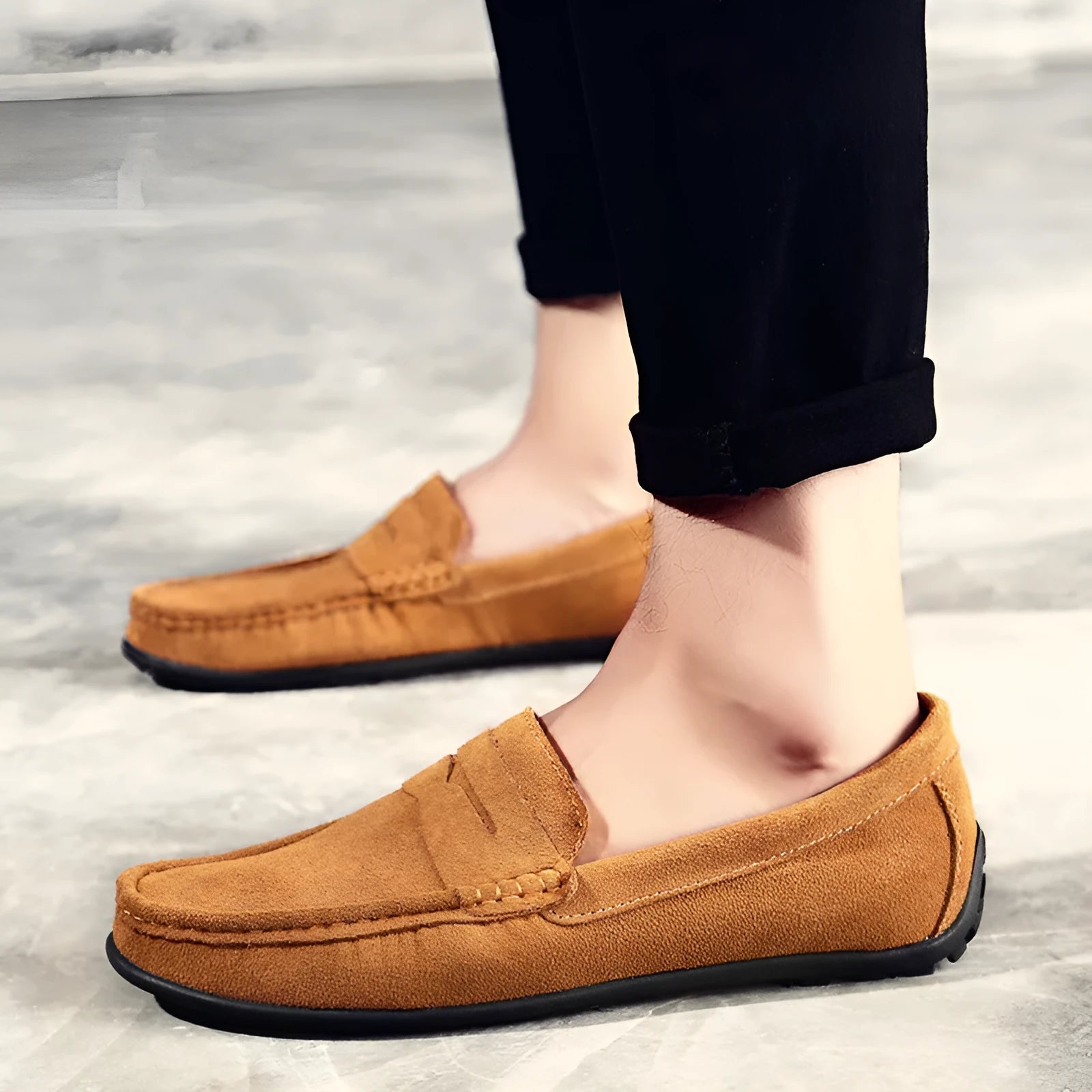 Men's suede casual slip-on shoes in black with round toe and flat rubber sole.