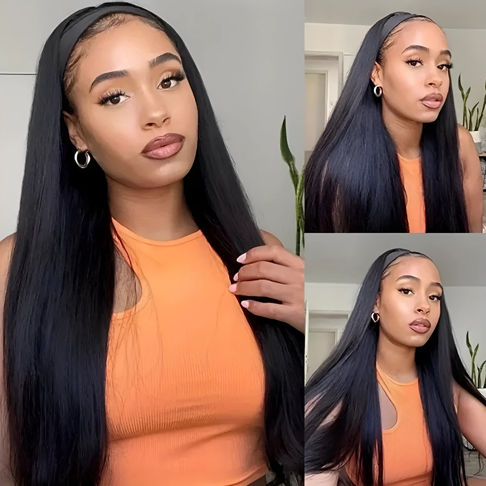 Headband wig with long straight black hair made from high temperature fibre, headband design, black colour option