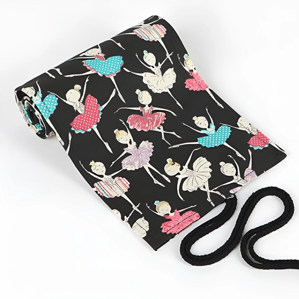 Canvas rolling pencil case with ballet girl print showing multiple pencil capacity options