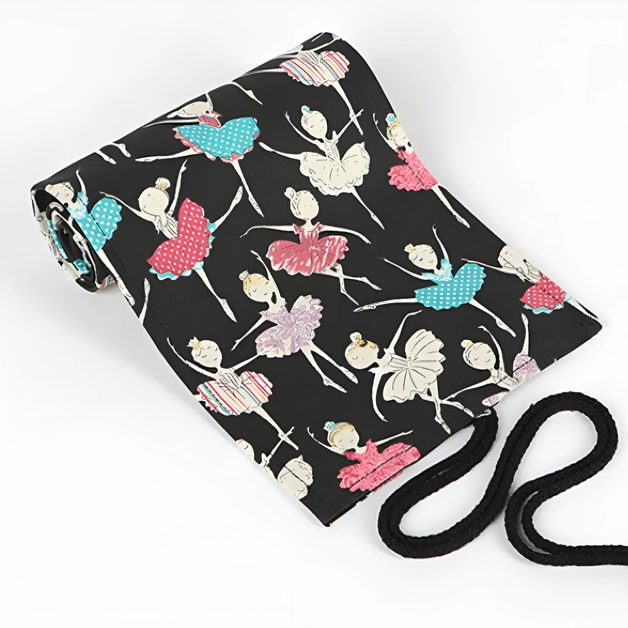 Canvas rolling pencil case with ballet girl print showing multiple pencil capacity options