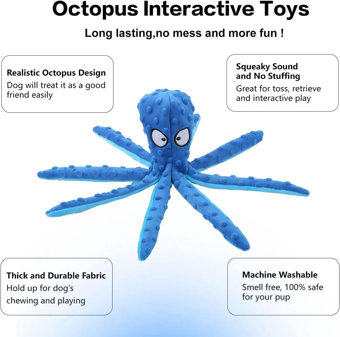 Blue dog squeaky toy octopus no stuffing crinkle plush on white background