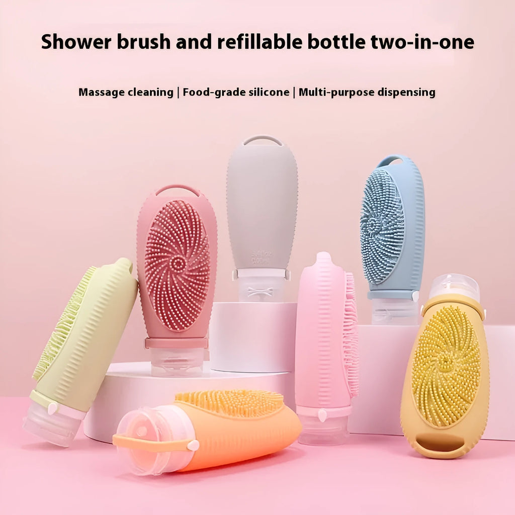 Silicone bath brush storage bottle 100ml with brush head and dispenser in pink colour option