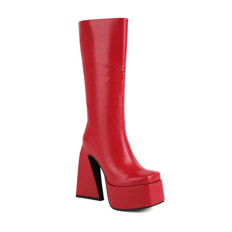 Women's artificial PU high boots in black, red, blue and white colours for casual wear