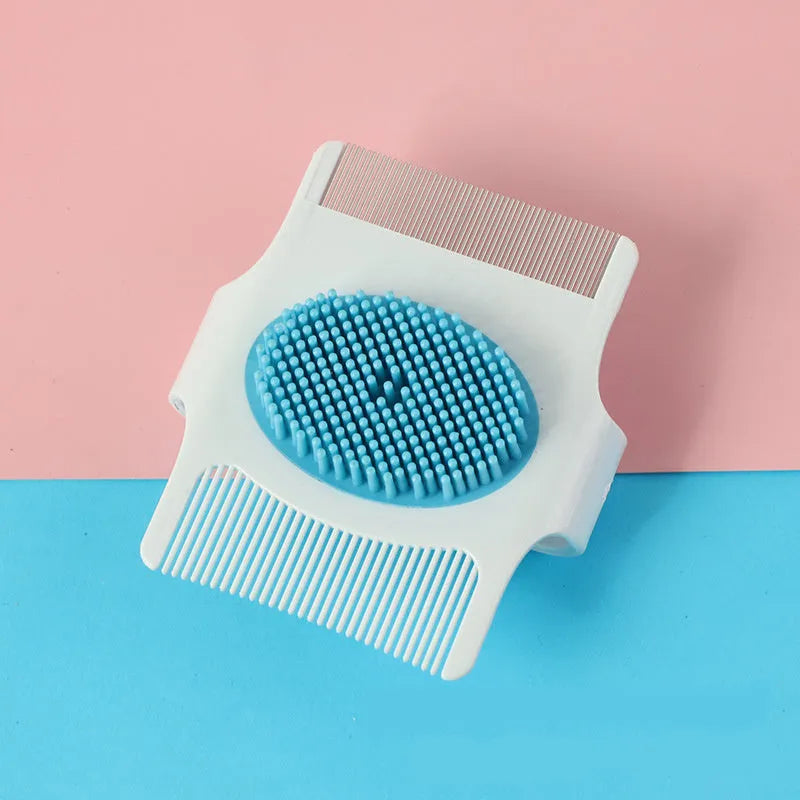 Blue and green multifunctional pet comb for dog grooming, showing compact 8.5cm size.