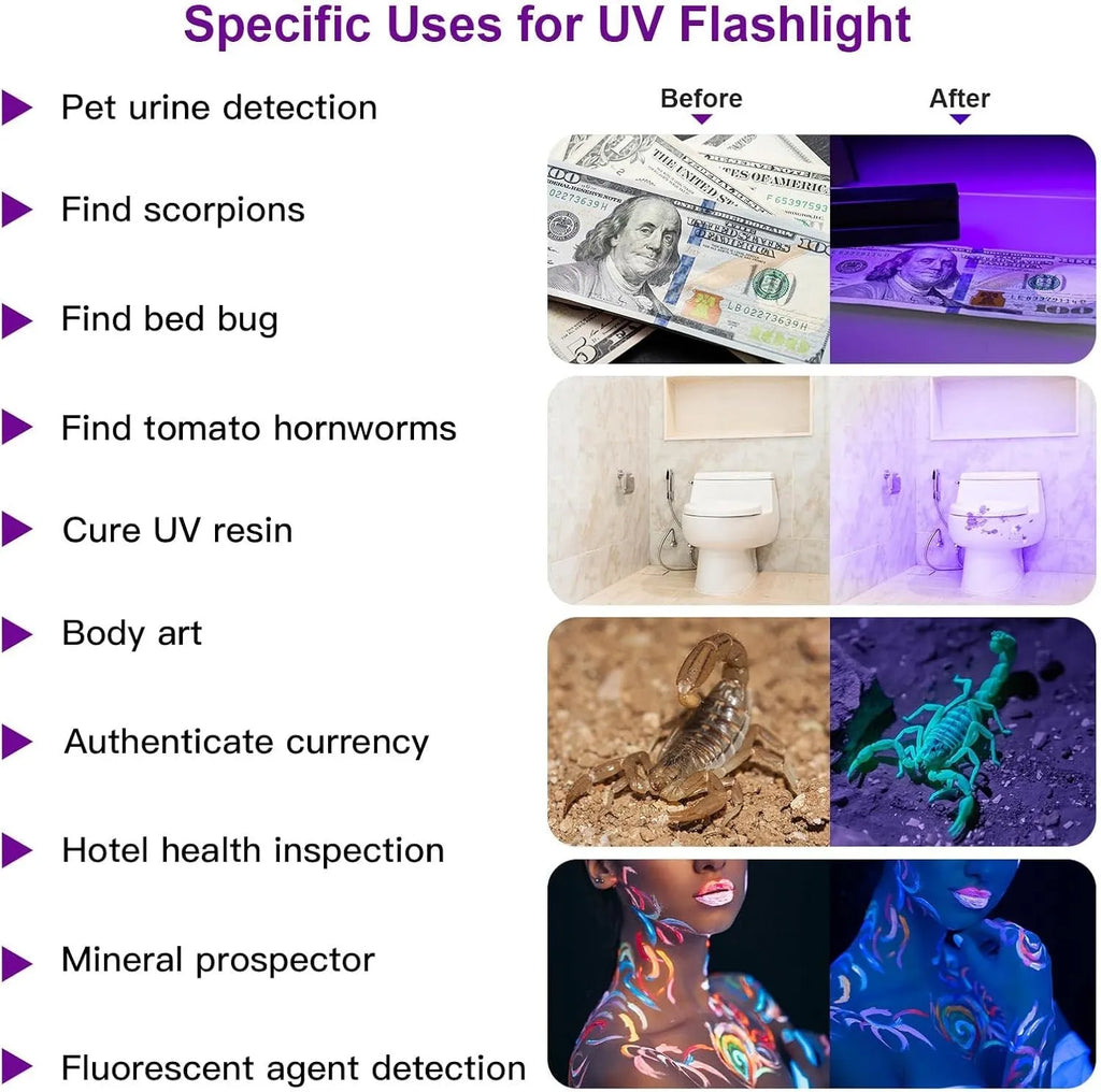 LED UV flashlight blacklight torch aluminium alloy 395-400nm for pet stain detection