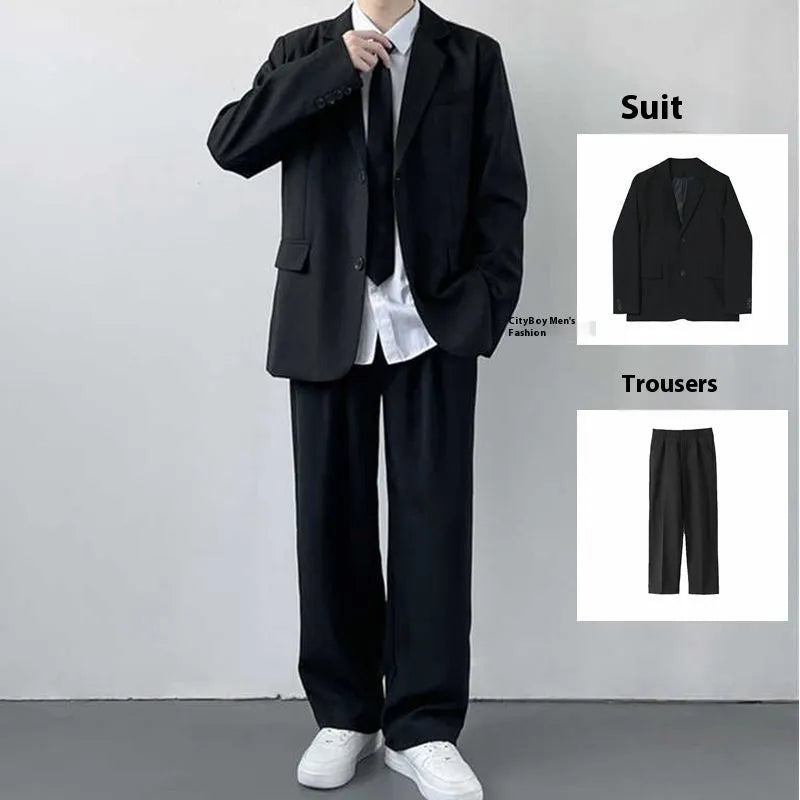 Plus size men's two-piece suit set with white dress shirt and tie on hanger