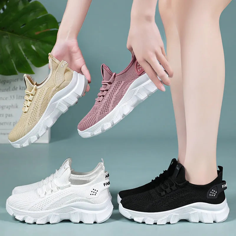 Women's Flyknit sneakers with thick PVC sole in white, pink, beige, or black colours