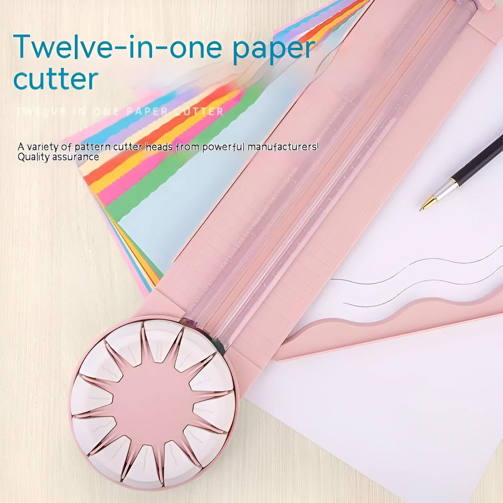 Pink and black plastic paper cutting machine with dotted guides and 12 cutting functions