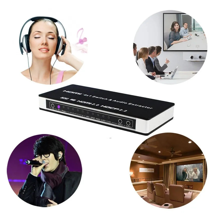 Black HDMI audio switch with four input ports, one output port, remote control, and international power adapters