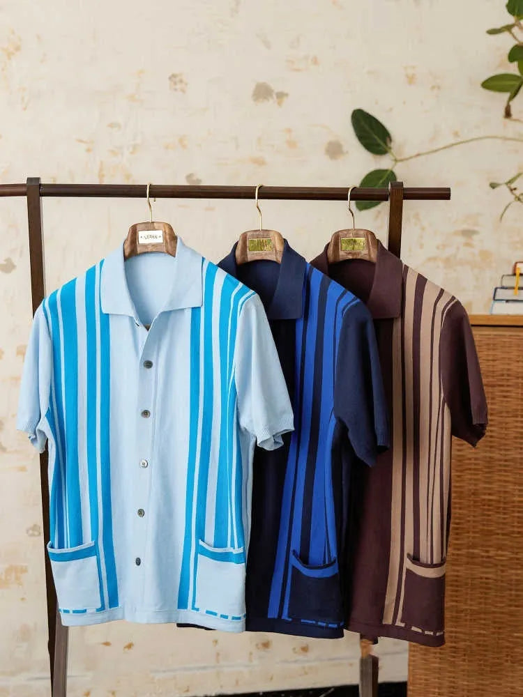 Men's striped cotton blend cardigan polo shirt with short sleeves and a lapel collar.