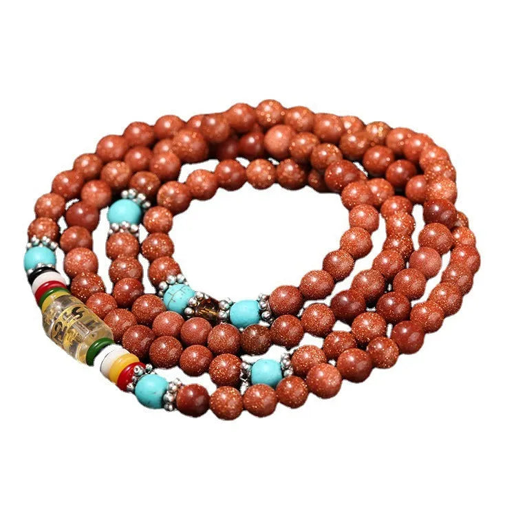 108 nugget sand six words mantra multi-circle bracelet with golden star stone and fu character