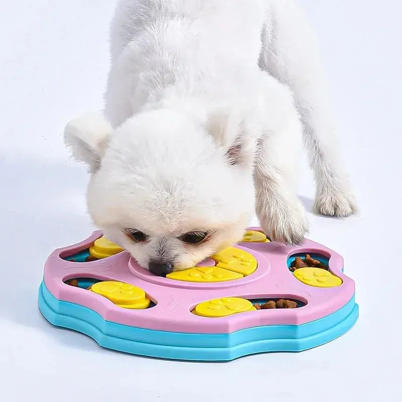 Blue durable dog puzzle feeder toy for aggressive chewers, shown as a 2-in-1 interactive food box and game.