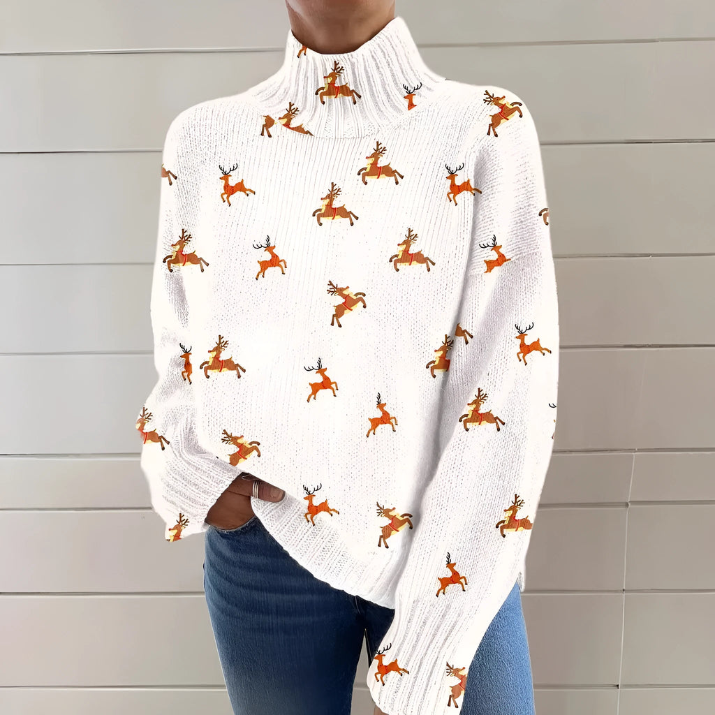 Women's loose fit Christmas printed turtleneck sweater in polyester fabric with painting pattern