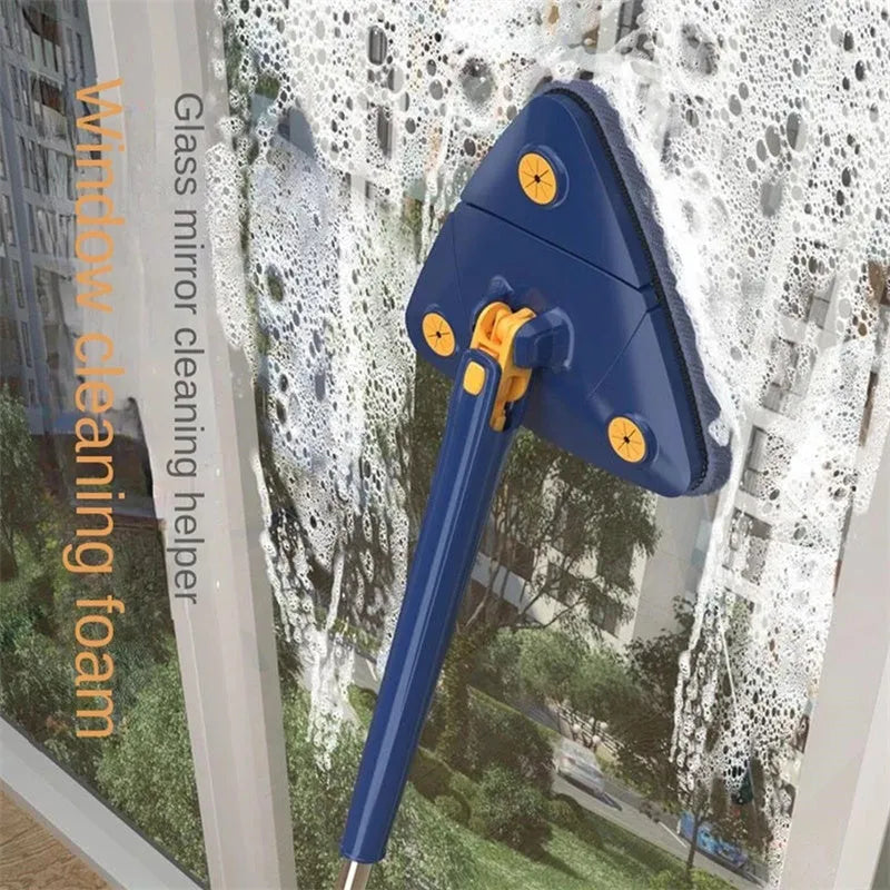 Blue extendable triangle cleaning mop with 360-degree rotating head and stainless steel pole