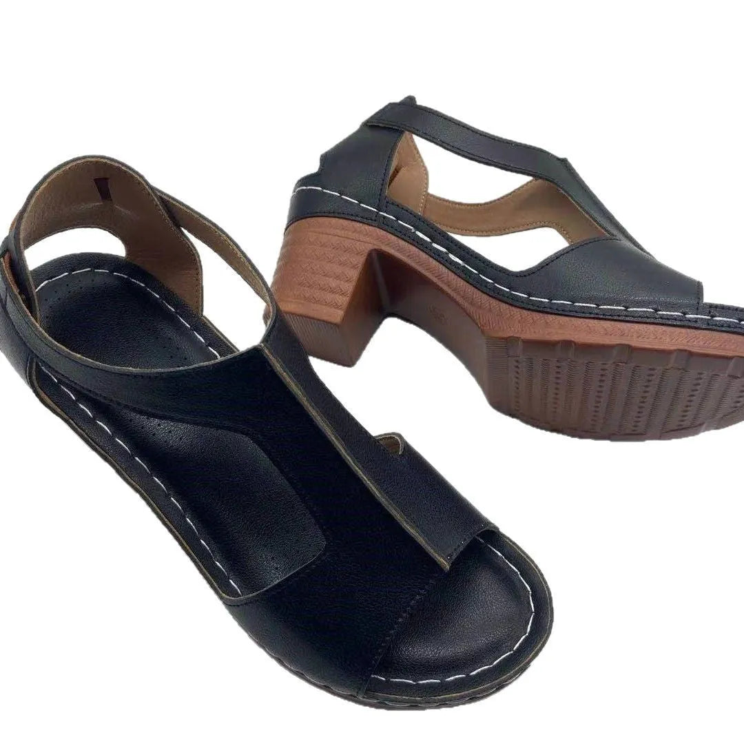 Womens plus size peep toe wedge sandals with buckle and low heel in various colours.