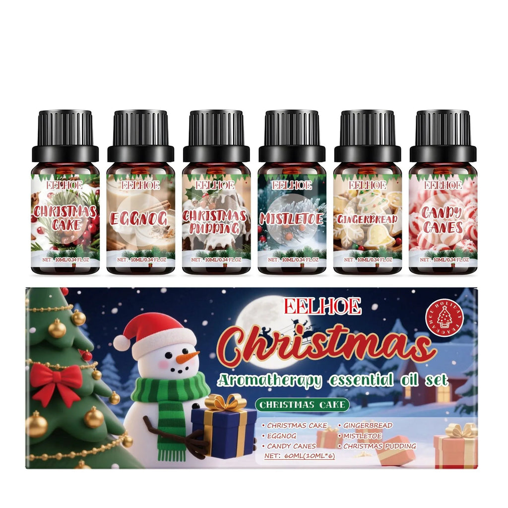 Christmas aromatherapy oil set showing six bottles in three festive scents with different sizes