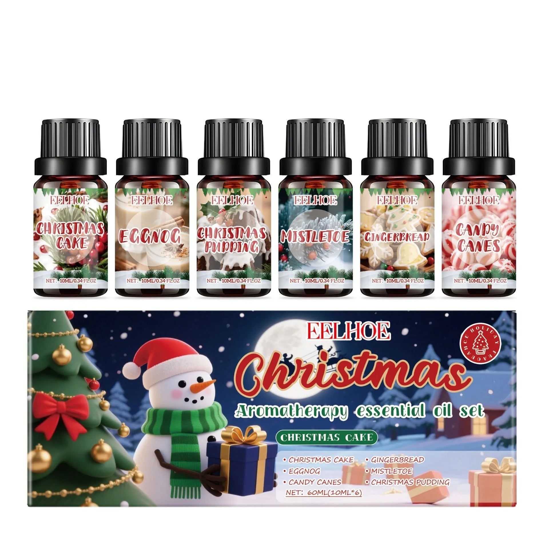 Christmas aromatherapy oil set showing six bottles in three festive scents with different sizes