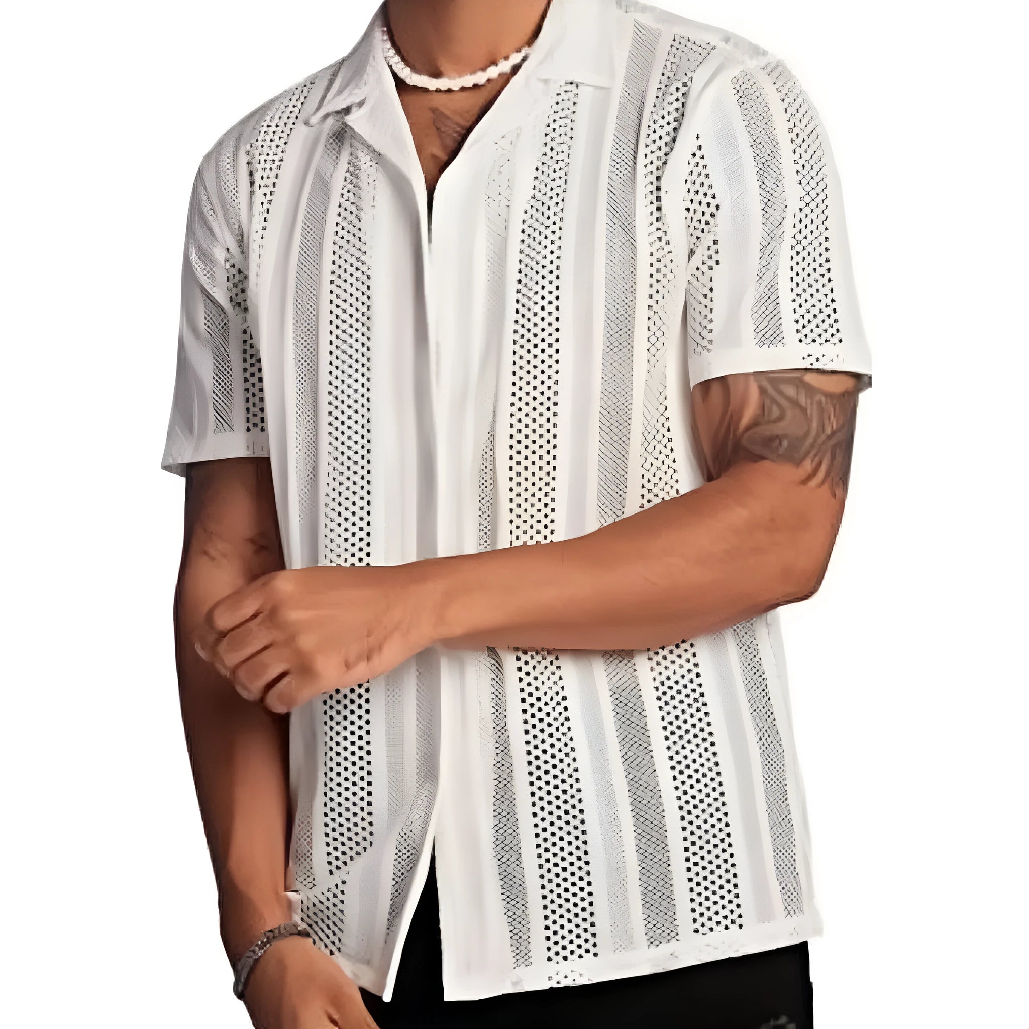 Man wearing a black knitted short-sleeved button cardigan shirt with jacquard detailing.