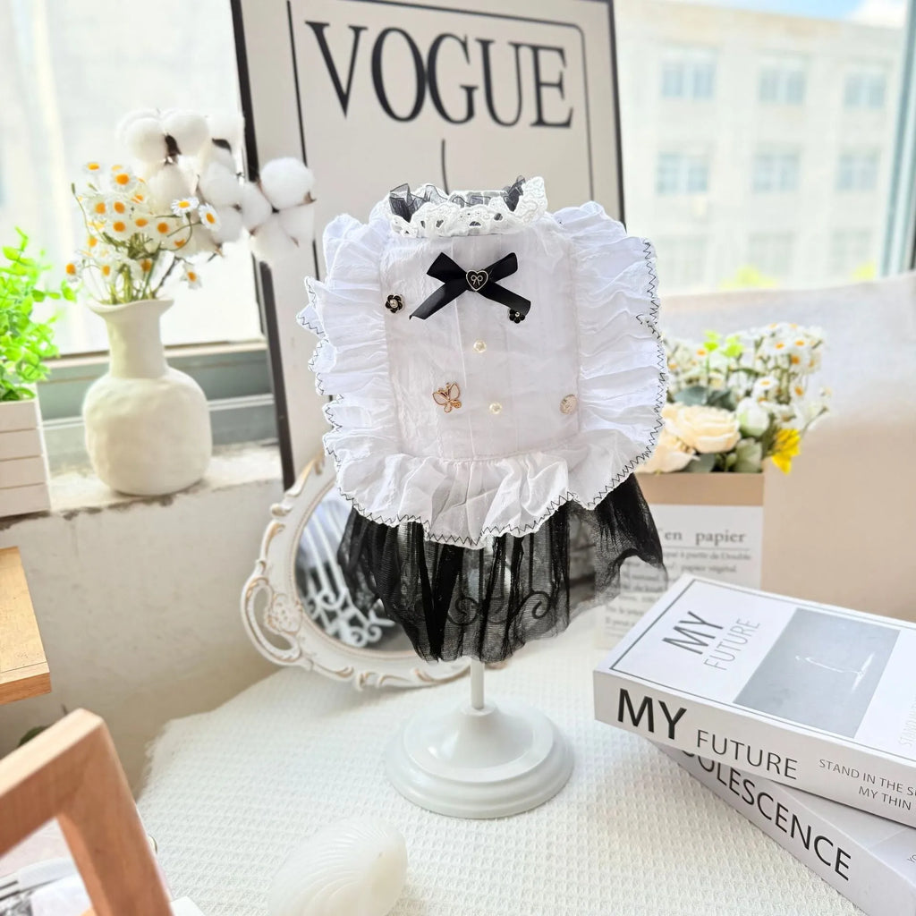 White princess-style gauze skirt for small dogs on a mannequin showing the full length