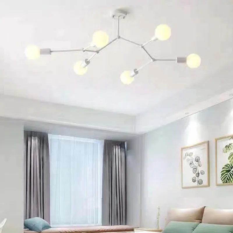 Nordic minimalist iron chandelier ceiling lamp in black or white with multiple light heads