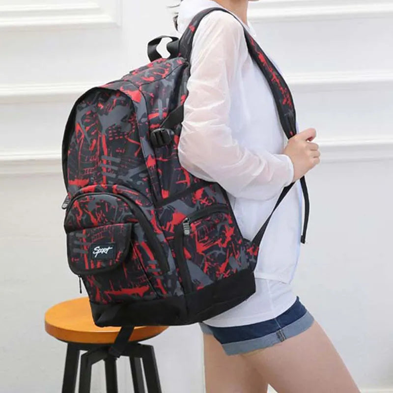 Classic blue and red nylon backpacks showing large capacity design for school and travel.