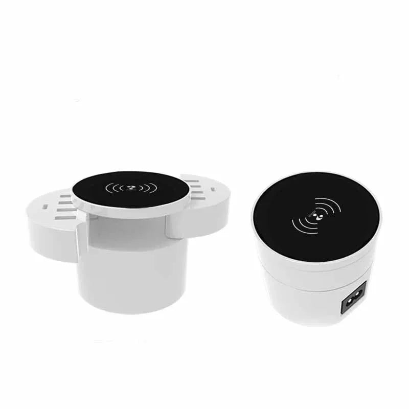 Multi-port wireless circular charger in ceramic white with UK EU US plug adapters and 1.5m cable