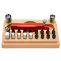 20 steel watch case opening tools organised in a black rectangular storage case.