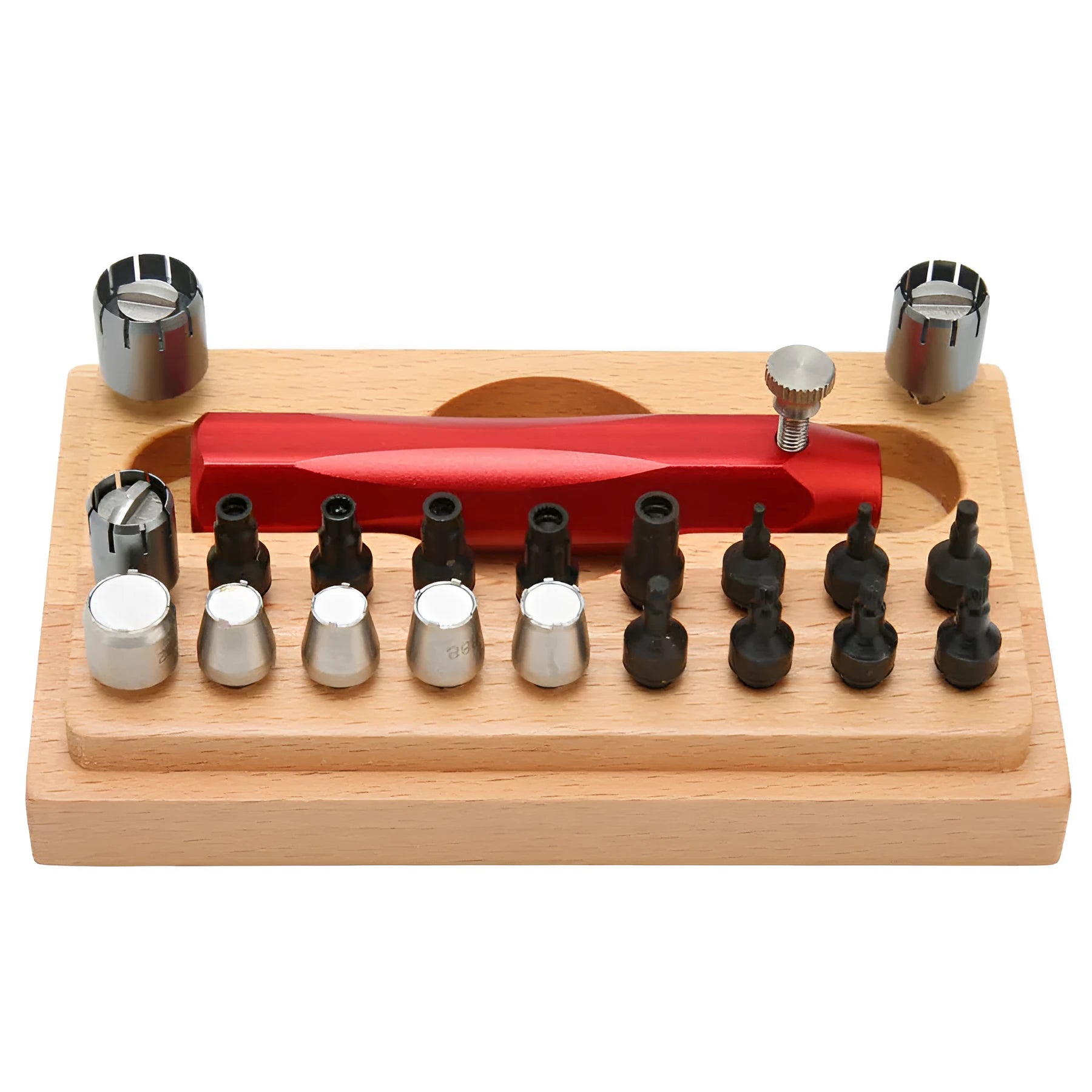 20 steel watch case opening tools organised in a black rectangular storage case.