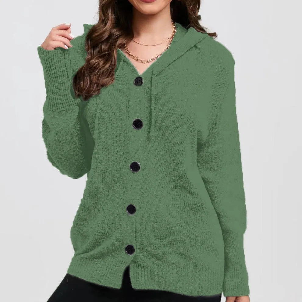 Women's thick cotton hooded cardigan in a loose fit, shown in a solid colour with a single-breasted front.