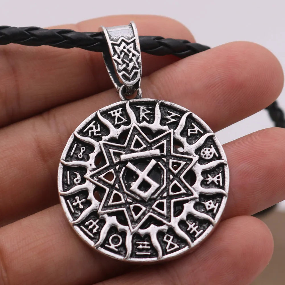 Lunavin ODing alloy pendant necklace on a snake bones chain with antique silver finish beside a leather rope option.
