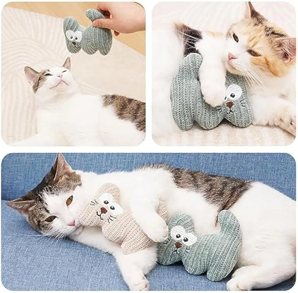 Cyan plush cat toy with rope details and a bell, shown next to a light coffee colour option.