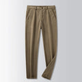 British retro striped straight leg trousers for men, available in khaki colour, showing side view